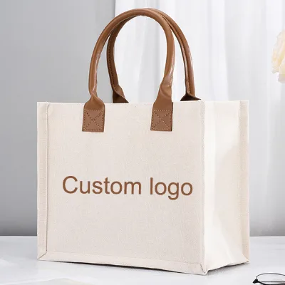 Custom Logo Large Capacity Tote Shopping Bag Reusable Canvas Grocery Gifts Bag PU Handle Fashion Jute PP Material for Daily