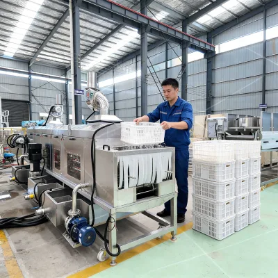 Full Automatic High Pressure Spray Industrial Tray Washing Machine for Meat Seafood Poultry Chicken Factory Processing