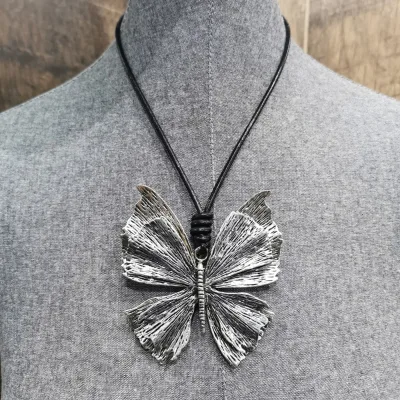 Vintage Butterfly Pendant Necklace with Black Leather Cord Antique Silver Long Necklaces Jewelry for Women