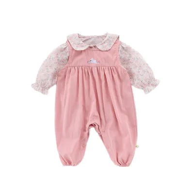 INS New Baby Girl Casual Two-Piece Set All-Match Floral Embroidered Strappy Suit with Long Sleeves and Rabbit Ears