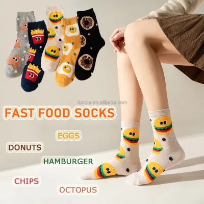 Food Design Cute Cartoon Crew Socks Hamburger and Chip Novelty Cotton Socks Funny Sock for Women