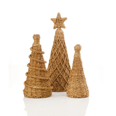 Environmentally Friendly Natural Seaweed Hand-woven Christmas Hoggla Basket Tree Set With 3 Kinds of Decorative Christmas Tree S