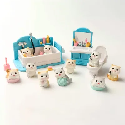 Cute Mini Cat Bathroom Play Set Dollhouse Accessories Blind Bag Toy Miniature Bath Scene Figure Kids Pretend Play Gift