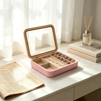 Portable Storage Box, Compartmentalized Jewelry Box MDF Glass Velvet-Modern Design Travel Storage for Earrings Rings Accessories