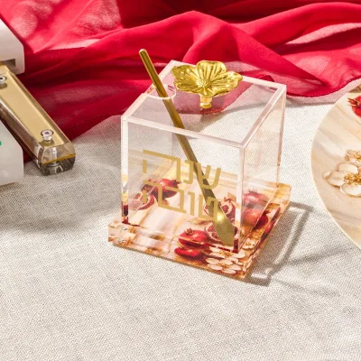Square Lucite Honey Dish Classic Acrylic Honey Dish Rosh Hashanah Painted Pomegranate Lucite Honey Jar