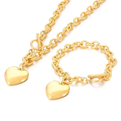 Stainless Steel Gold Plated OT Buckle O Shaped Chain Heart Bracelet Necklace Set for Wedding Party Engagement-Fashion Jewelry