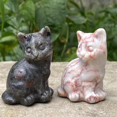 2.2 Inch Cats Carving Statue Natural Crystal Stone Folk Crafts Hand Carved Multi Stones Crystal Cute Cats Healing Stones
