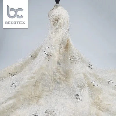 High Quality Bridal Fabric Luxury Flower Embroidery Beaded Sequins Tulle Fabric for Wedding Dress