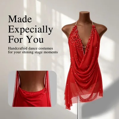 Red Children Lyrical Dance Costume Girls Halter Draped Chiffon Rhinestone Pole Dance Performance Dress Drilled Stage Custom