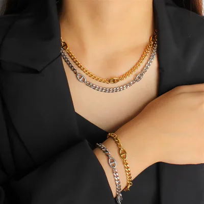Fashion Hot Selling 18K Gold Plated Pig Nose Necklace Waterproof Cuban Chain Necklaces Bracelet Stainless Steel Women Jewelry