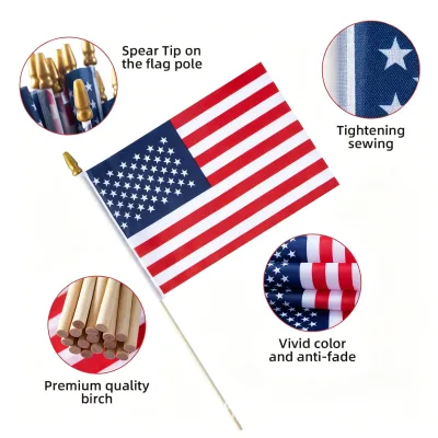 Customizable American Handheld Flag with Printable Wooden Pole, Polyester Fabric Patriotic Flag
