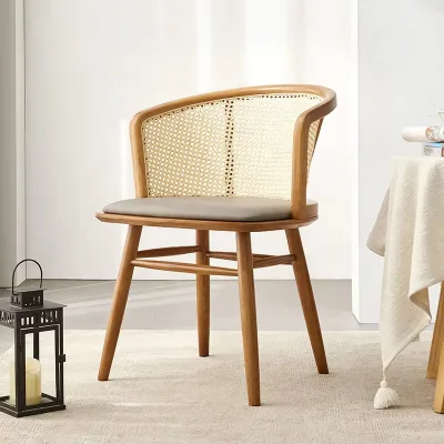 Modern High Quality Hollow Backrest Rattan Woven Dining Chair Kitchen Dining Wood Outdoor Chairs