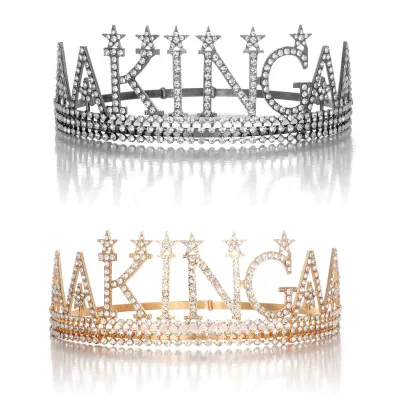 Men's Imperial Medieval Gold Plated King Crown with Crystal for Prom and Wedding