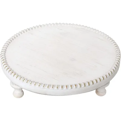 Rustic Round Wooden Raised Tray, Farmhouse Pedestal with Beaded Trim for Tabletop Decor