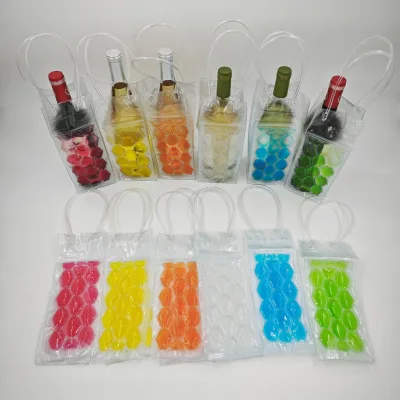 PVC Wine Cooler Bag with Freezable Water Gel Beads, Reusable Double-Sided Ice Tote for Single Bottle (750ml), 6 Colors Stocked