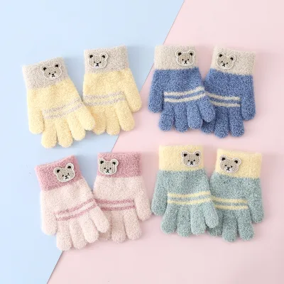 Cute Bear Decoration Kids Gloves New Style 2-7 Years Old Children Outdoor Winter Soft Warm Knitted Gloves&Mittens for Toddler