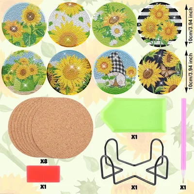 8 Pieces Sunflower Diamond Painting Coasters DIY Diamond Art Coasters 5D Acrylic Round Cup Coaster