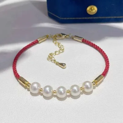 New Year's Gift AAA Grade 5-6mm White Potato Shape Pearl Chain Link Bracelet Red Rope Gold Plated Strong Light for Women