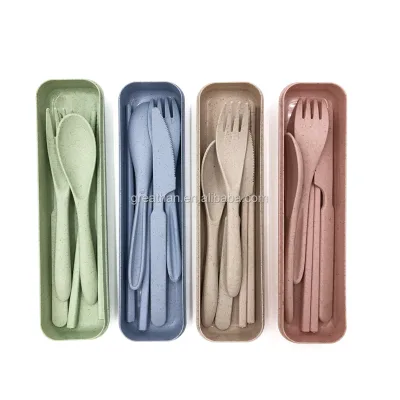 Portable 4 Piece Wheat Utensil Set with Casing for Camping, Hiking, Backpacking Daily or Outdoor Use