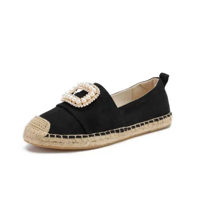 2023 Custom Factory Design Super Espadrilles for Women Head Straw Fisherman's Shoes Crystal Diamond Square Clasp Flat PU Insole