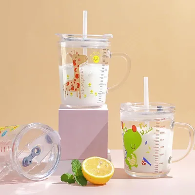 Cartoon Milk Cup with Scale Children's Glass Water Cup Brewing Powdered Milk Cute Breakfast Cup