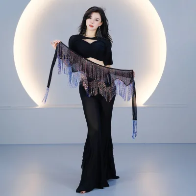 Women Belly Dance Hip Scarf Dance Set, Irregular Fringe Crystal Waist Chain Oriental Dance Performance Costume Training Outfit