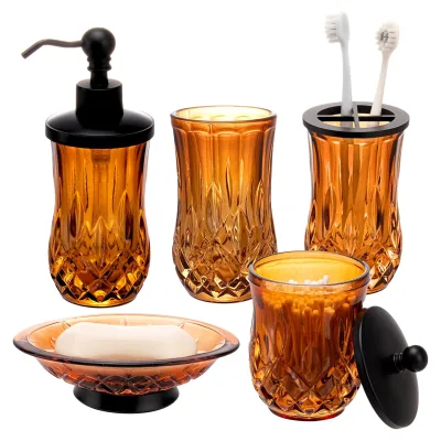 CF Amber Cut Glass 5 Piece Soap Dispenser Rinsing Cup Toothbrush Holder Cotton Swab Jar Soap Dish Hotel Show Set Bathroom Decor