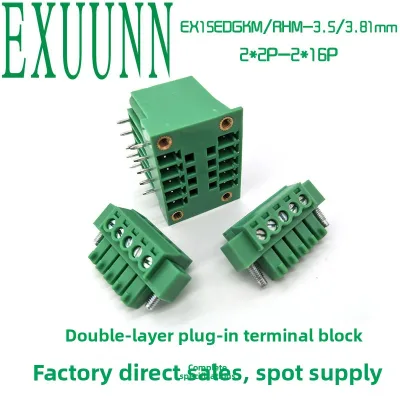 381mm 15-position Plug-in Terminal Block 15EDRHM Green Version Double-row Bent-pin Solder-on Type PA66 UL94V-0 28-16 AWG EXUUNN