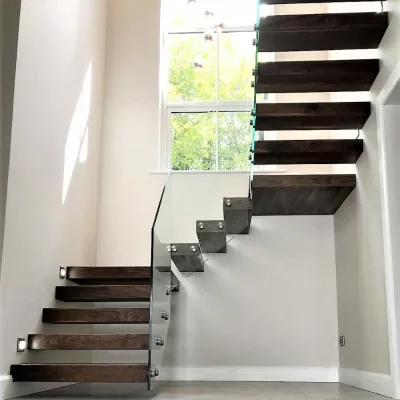 L Shape Floating Cantilever Staircase Dark Walnut Open Riser Steps Stainless Steel Standoff Glass Balustrade Custom Indoor Stair