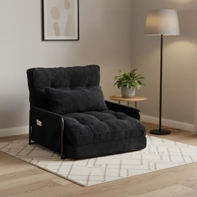 Convertible Folding Sofa Chair, Adjustable Bouclé Fleece Lazy Recliner Chair with Wrought Iron Frame for Living Room Furniture