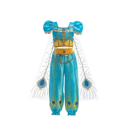 Halloween Party Girls Movie Cosplay Dress up Kids Short Sleeve Jasmine Princess Costume Dress for Kids Girls