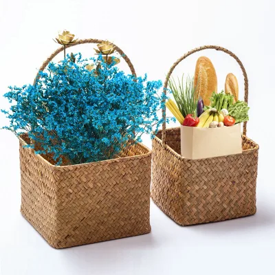 Small Woven Seagrass Belly Basket for Storage Plant Pot Basket and Laundry Picnic and Grocery Basket