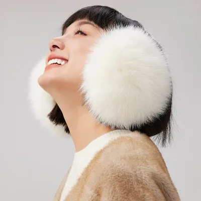 Luxury Designer Winter 100% Real Natural Fox Fur Ear Muffs Women Warm Fluffy Fur Earmuffs