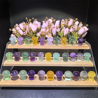 Nature Crystal Hand Carved Healing Stone Fengshui Rainbow Fluorite Mushroom for Sale