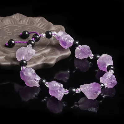 Natural Amethyst Raw Stone Diy Bracelet Amethyst Cluster Shape Bracelet Simple Jewelry Amethyst Black Agate Bracelet