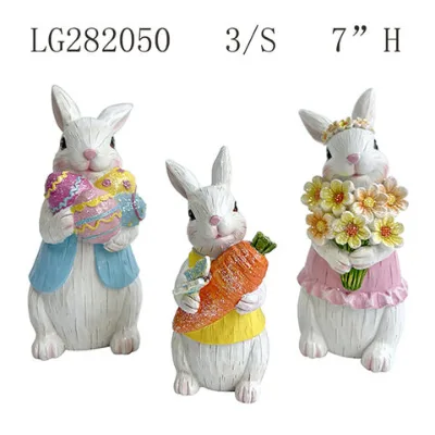 Easter spring Decorations Hand-Painted 3 pack Cute Bunny figurines with Carrot, Eggs, flowers Rabbit Statue OEM/ODM Manufacture