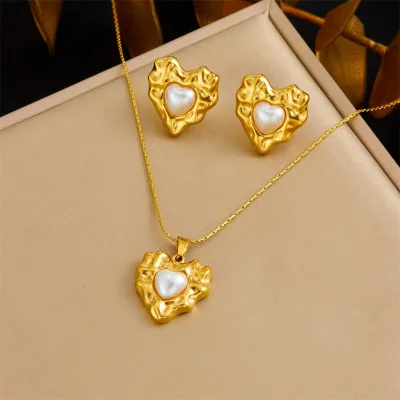 Luxury Gold Plated Turquoise Jewelry Set Fashion Stainless Steel Irregular Heart Flower Necklace & Earrings Set for Women