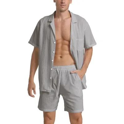 Factory Customized Printed Logo Linen Men's Shirts Set Plain Dyed Wholesale Short Sleeve Shirt and Shorts Summer Set for Men