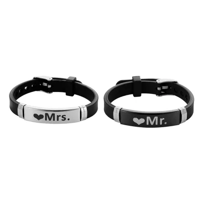 Fancy Day 2Pcs Set Valentines Day Gift Wristbands Engraved Mr Mrs Stainless Steel Silicone Bracelet Pour Couples