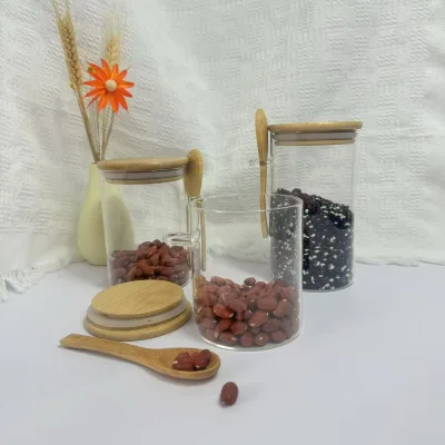 Hand Blown 6 oz Mini Glass Spice Jars Classic Bamboo Lids Spoons Food Safe Airtight Cylinder Design Kitchen Made Silicone Wood