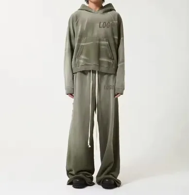 Custom Men's Vintage Sun Fade Acid Wash Tracksuit Set 400gsm French Terry Baggy Hoodie Stacked Sweatpants Oversize Casual Print
