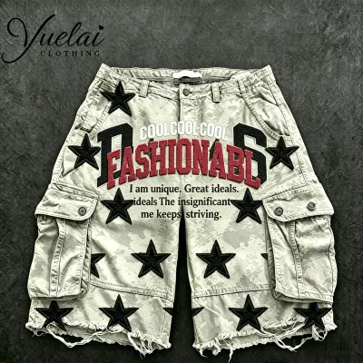 Manufacturer Custom Logo Quality Embroidery Letter Graphic Distressed Washed Print Camouflage Cargo Shorts for Men