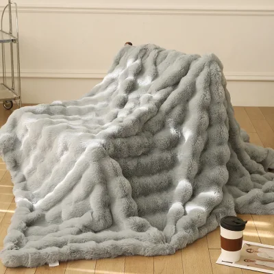 High-end Long Pile Black Fluffy Faux Fur Winter Throw Blanket Luxury Cozy European-American Style Warm
