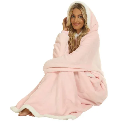 Winter Lazy Blanket with Side Pockets Flannel Fleece Extra Thick Four Season Solid Pattern Extended 150cm