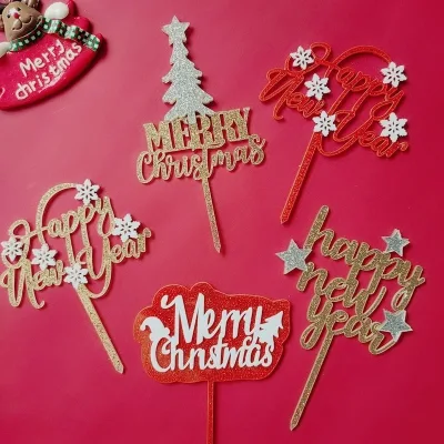 Sparkling Pink Snowflake Star Acrylic Cake Topper New Year Christmas Cake Decoration Happy New Year Party Decorations
