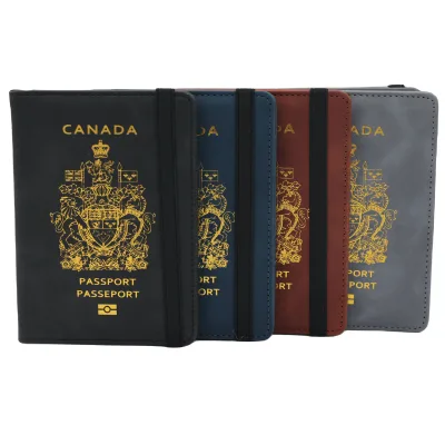 Canada Golden logo PU Passport Holder Leather With Anti-Magnetic Strap Hot Stamping Multiple Card Certificate Bags Passport case