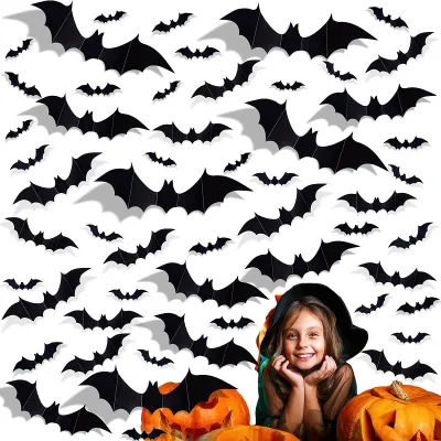 Halloween 3D Bats Decoration Different Sizes Realistic PVC Scary Black Bat Sticker for Home Decor DIY Wall Decal Bathroom