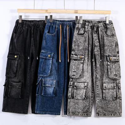 Luxury Spring Collection Children Trousers Chemical Wash Kid Girl Pants Plain Dyed Jeans Girl