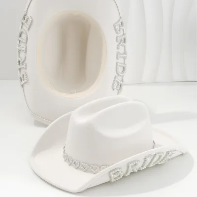 Wedding White Bride Party Hat New Arrival Cowboy Hat Diamond Design Cowgirl Bride Hats