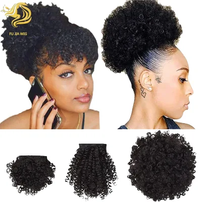 Fujia European American Fashion Afro Curly Bangs Synthetic Fiber MIX COLOR 7.87Inch Length Small Curly Hair Bun Wig for African